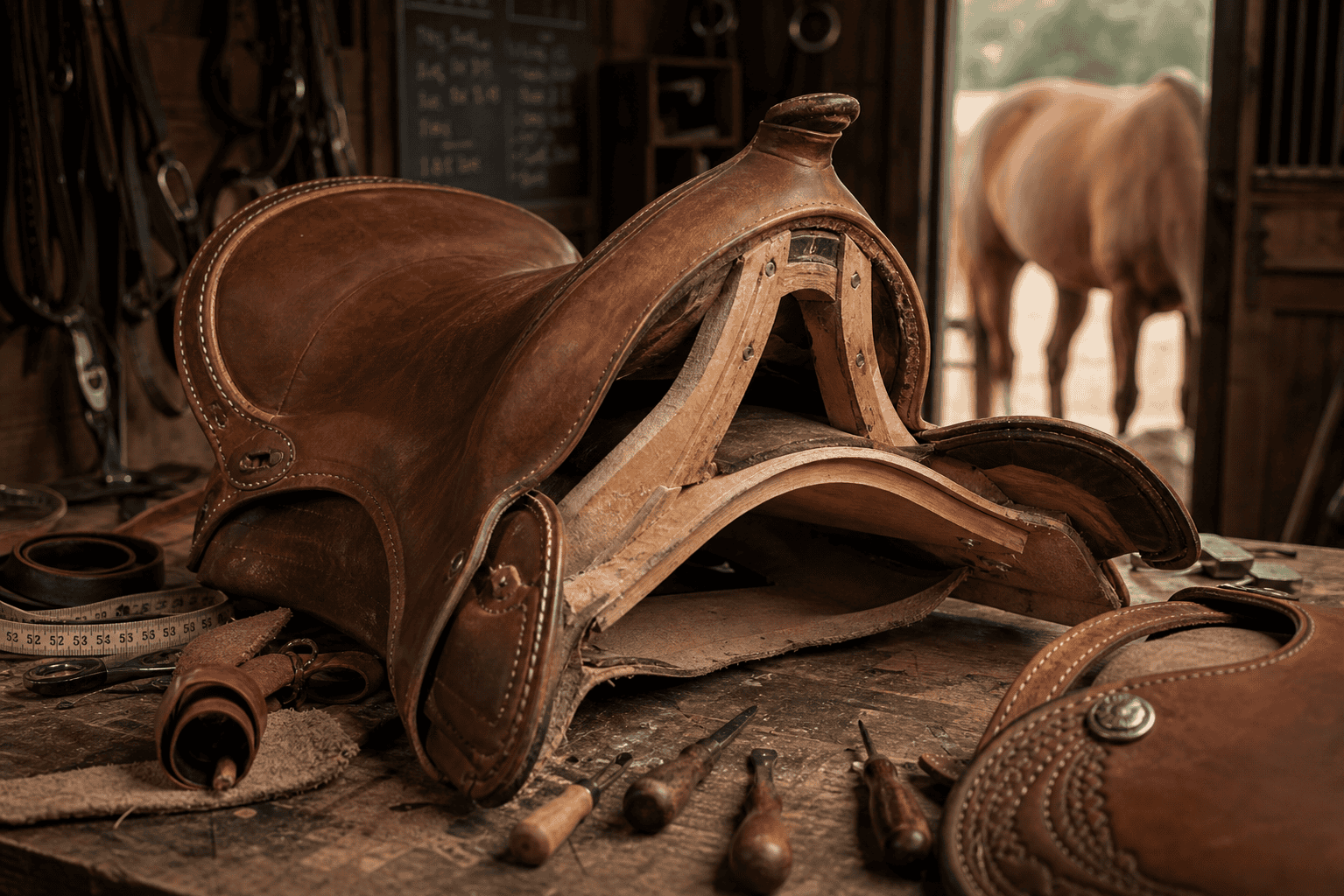 A disassembled leather horse saddle on a workbench with leatherworking tools, inside a stable with a horse visible in the background