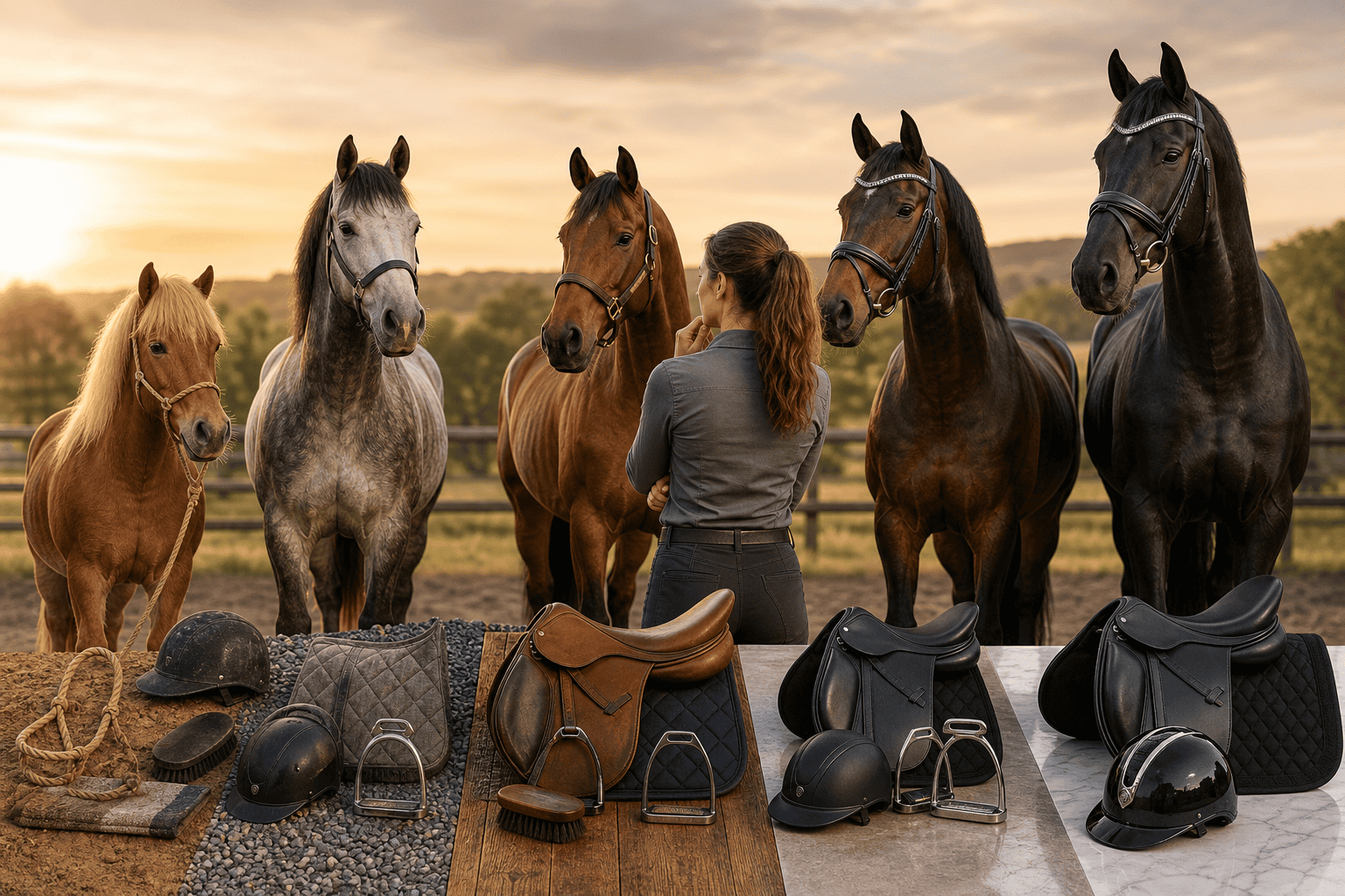 A rider stands among five horses at sunset, with saddles, helmets, stirrups,