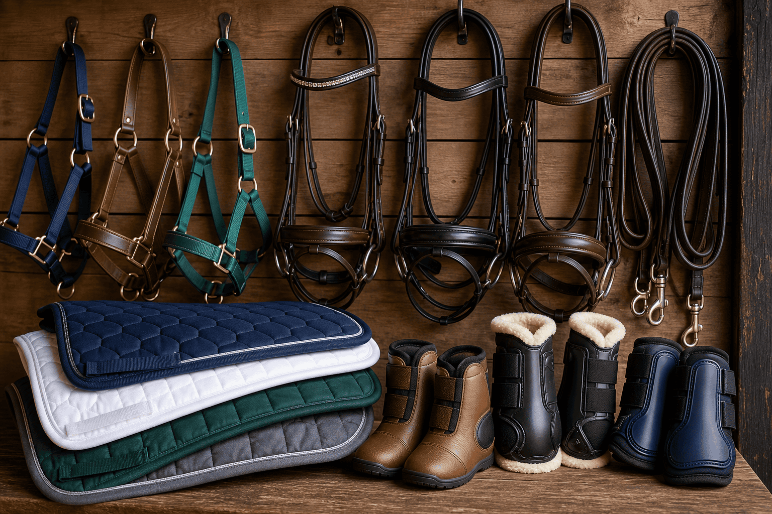 Assortment of equestrian tack including halters, bridles, saddle pads, and