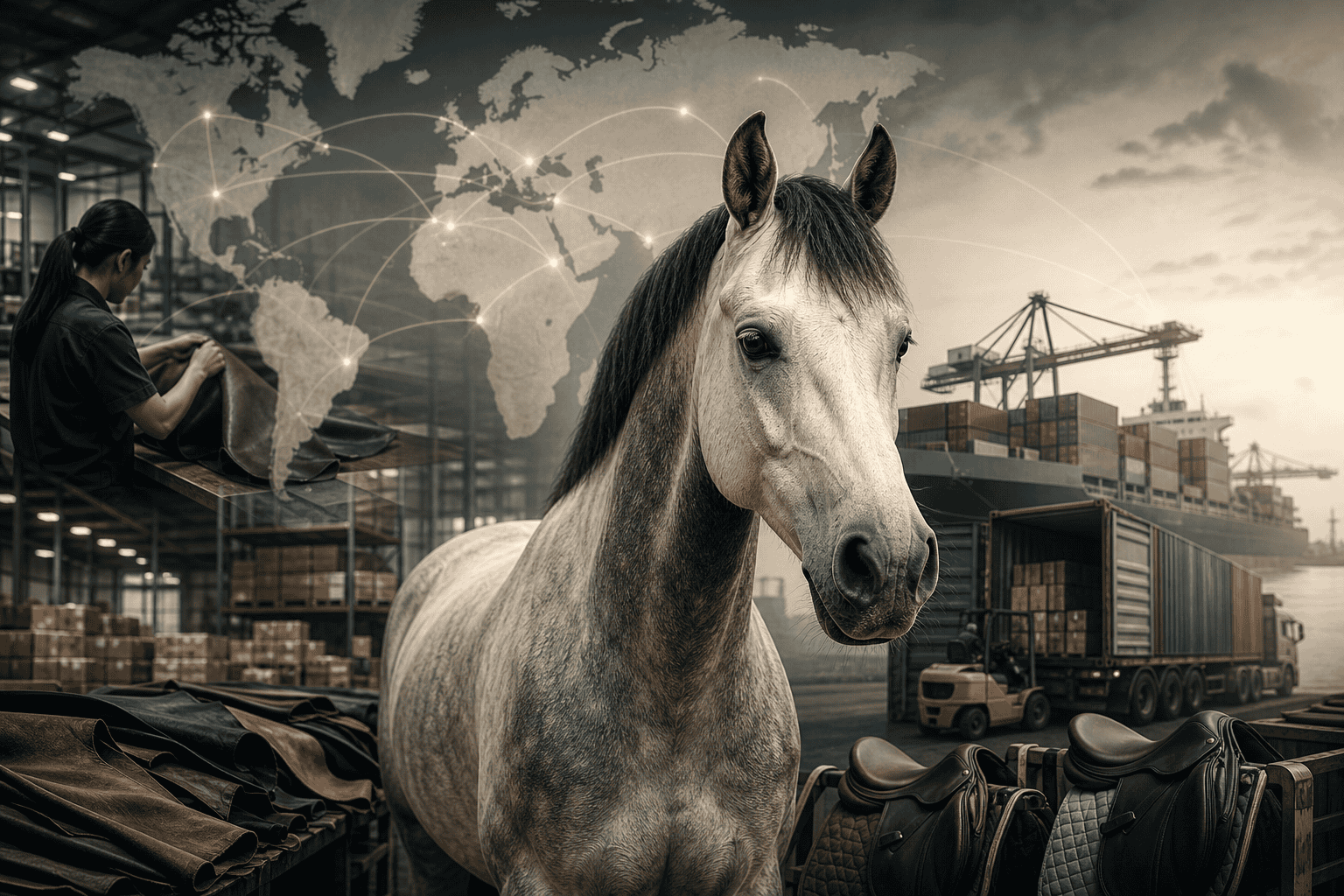Composite image of a gray horse surrounded by leather hides, saddles, a