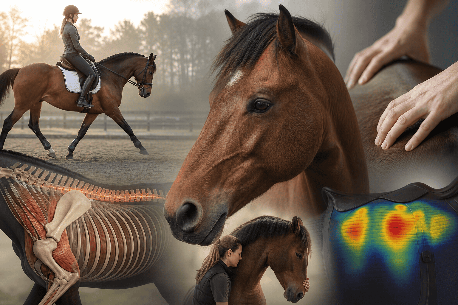 Composite image showing equine health topics: a rider on a bay horse, a horse