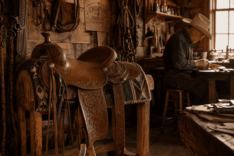 Hand-tooled western saddle on a stand inside Thompson Saddlery workshop, with a craftsman working at a bench in the background