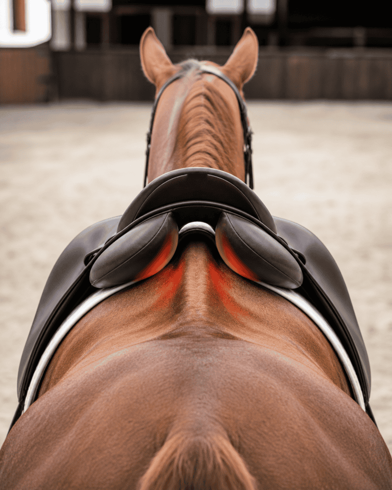 Rear view of a dark leather saddle on a chestnut horse's back, with heat map overlay showing pressure points in red and yellow beneath the saddle panels