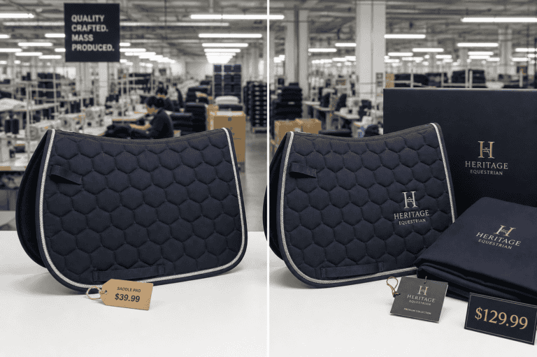 Side-by-side comparison of the same navy saddle pad: unbranded for $39.99 versus Heritage Equestrian branded for $129.99, illustrating private label markup value