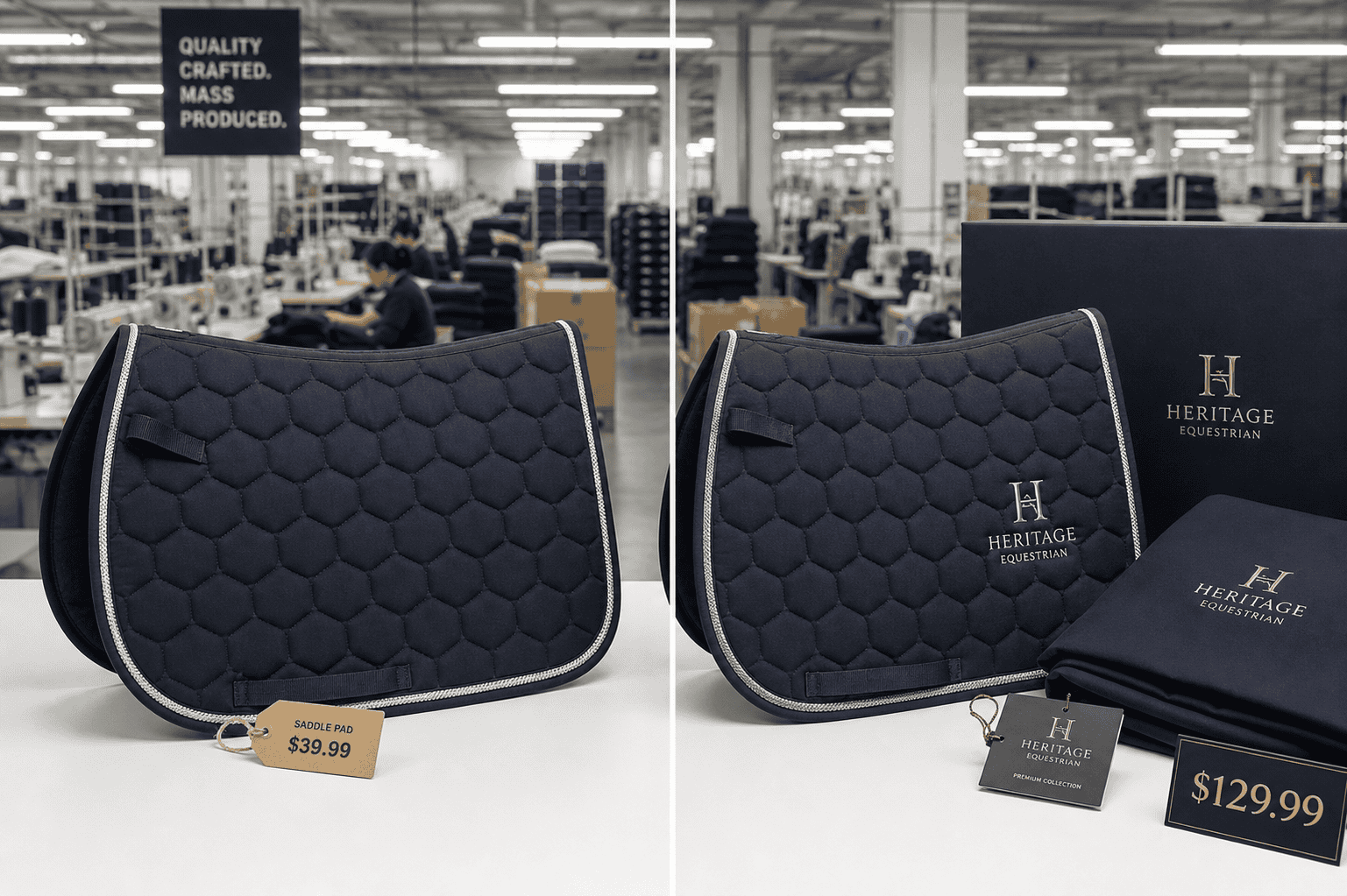Side-by-side comparison of the same navy saddle pad: unbranded for $39.99 versus Heritage Equestrian branded for $129.99, illustrating private label markup value