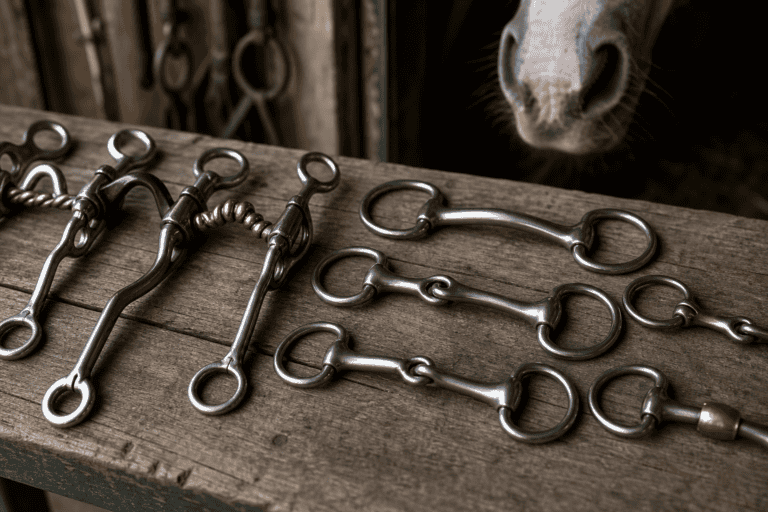Various horse bits laid out on a wooden surface in a stable, with a horse's muzzle visible in the background