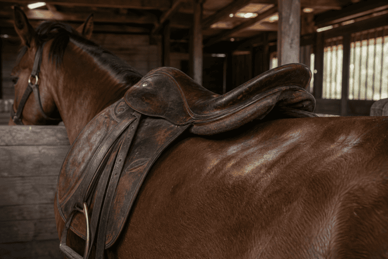 Worn leather saddle on a chestnut horse's back inside a wooden stable