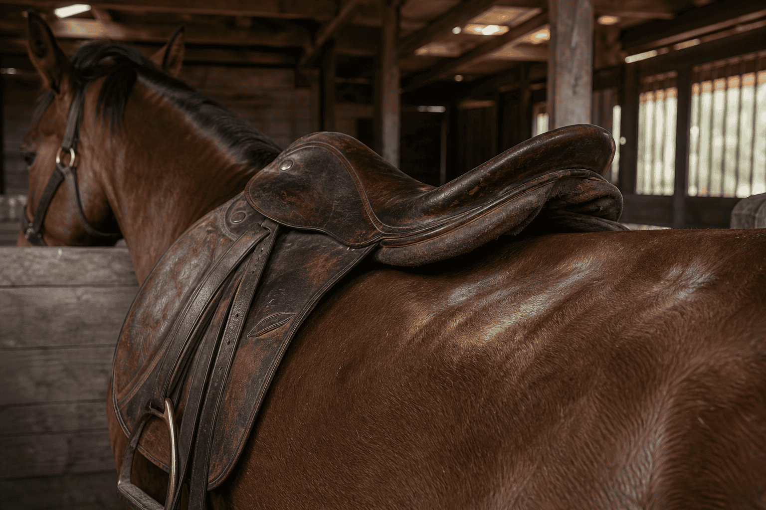 Worn leather saddle on a chestnut horse's back inside a wooden stable