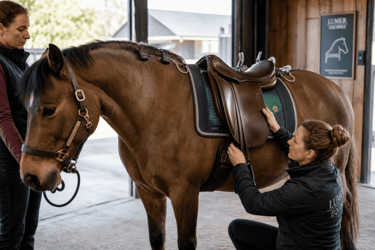 A Lumer Equine fitter adjusts a saddle with a pressure-mapping pad on a bay horse held by another person in a stable