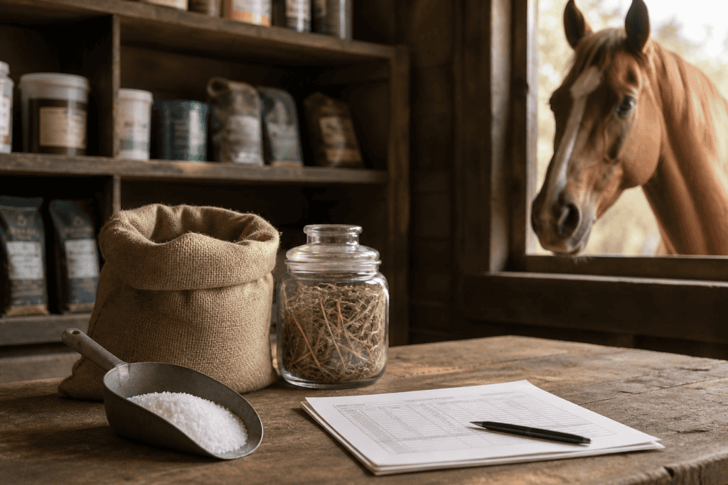 A tack room table with feed supplements, a salt scoop, hay jar, and a chart, as a horse looks in through the window