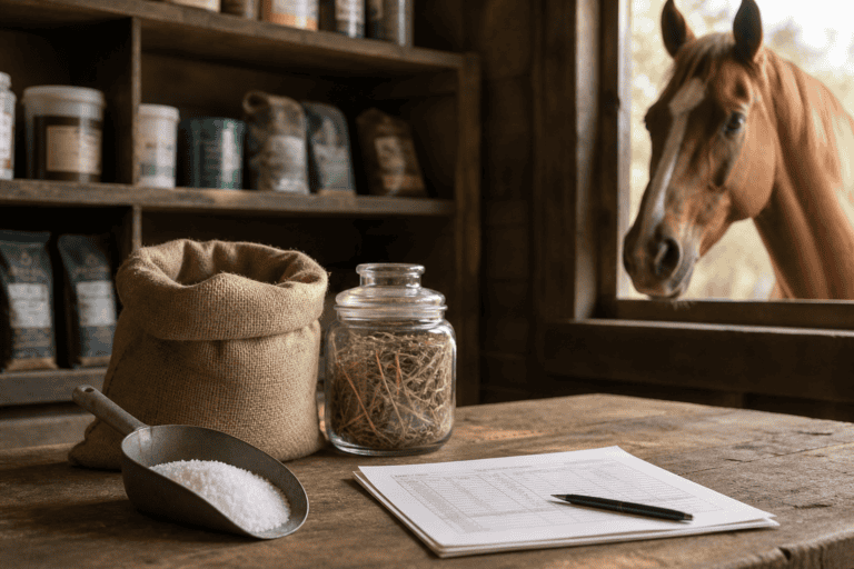 A tack room table with feed supplements, a salt scoop, hay jar, and a chart, as a horse looks in through the window