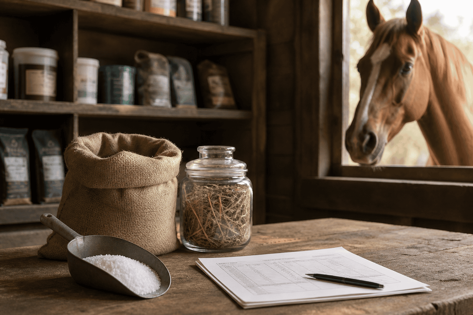 A tack room table with feed supplements, a salt scoop, hay jar, and a chart, as a horse looks in through the window