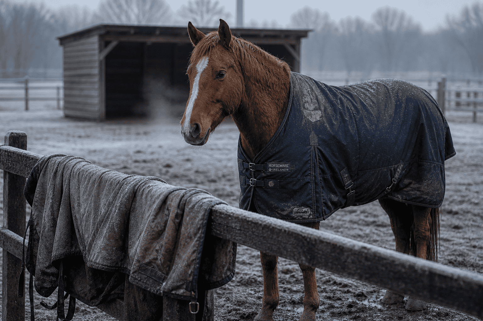 Chestnut horse wearing a Horseware Ireland turnout rug standing in a frosty paddock on a cold, misty day