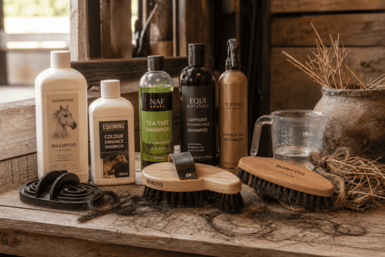 Collection of horse grooming products on a wooden surface, including shampoos, a mane and tail detangler, and Borstiq brushes