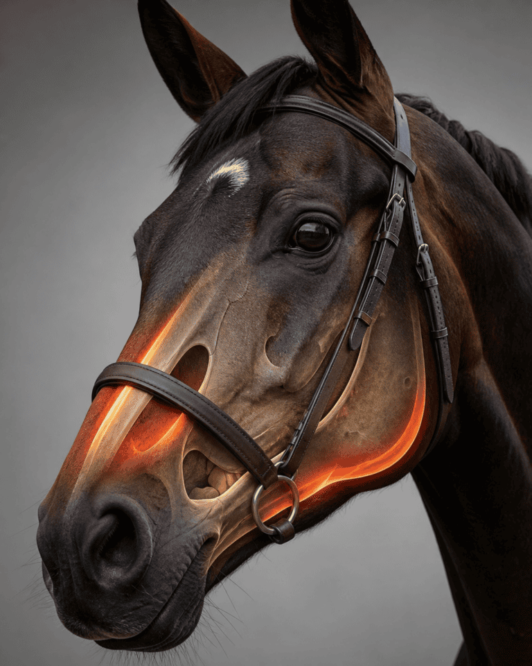 Horse wearing a bridle with an X-ray overlay highlighting jaw bones and teeth, with glowing orange inflammation around the mouth area