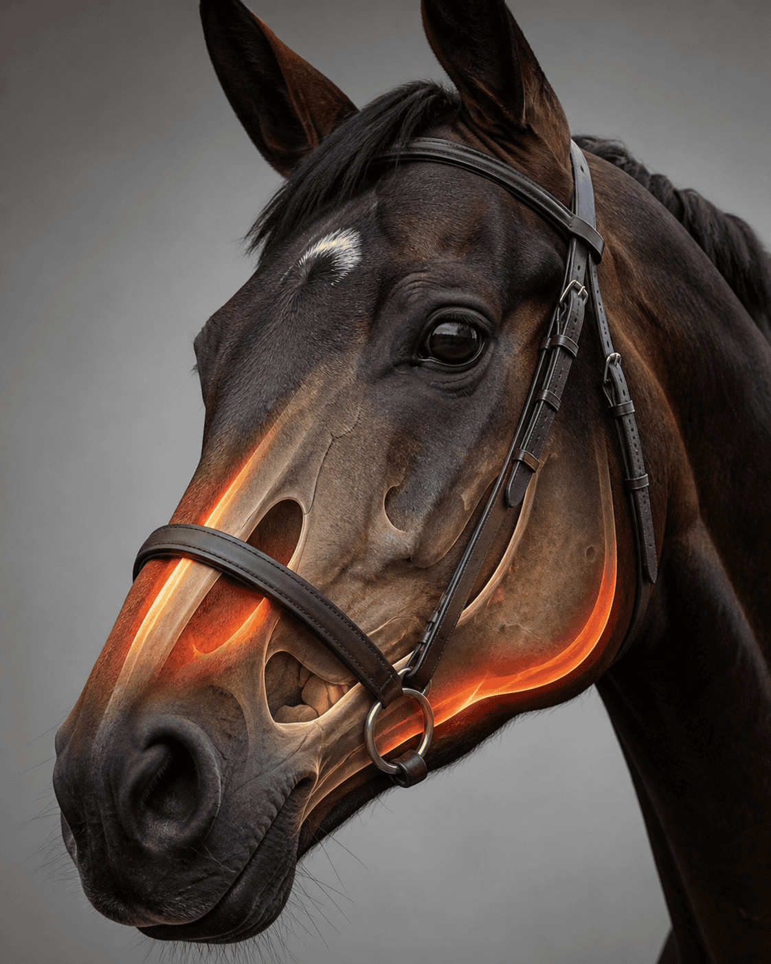 Horse wearing a bridle with an X-ray overlay highlighting jaw bones and teeth, with glowing orange inflammation around the mouth area