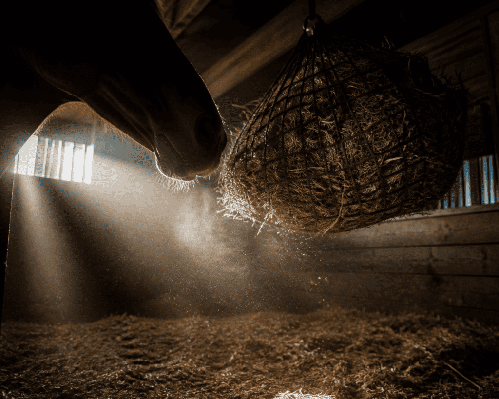 Horse's nose reaching toward a hanging hay net in a dusty, sunlit stable stall