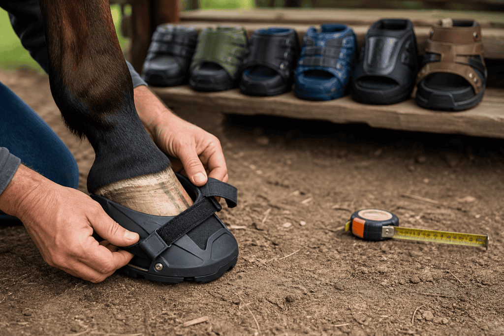 Person fitting a hoof boot on a horse's leg, with a tape measure and various colored hoof boots displayed nearby