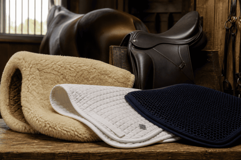 Three horse saddle pads in sheepskin, quilted white, and navy gel styles displayed on a wooden surface with a leather saddle in a stable background