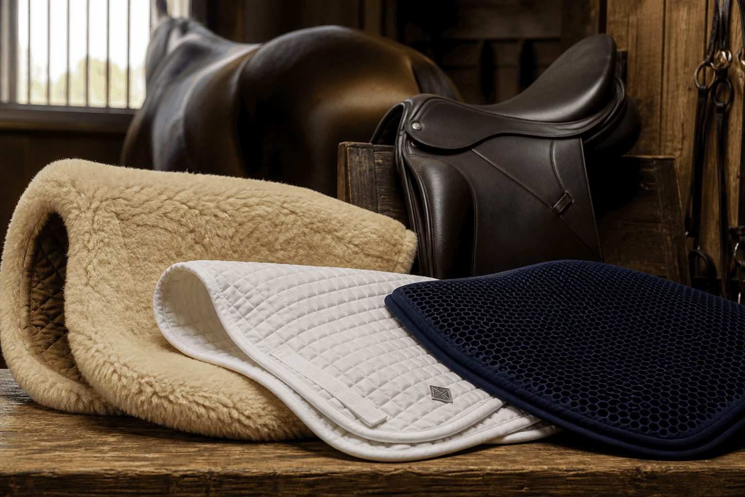 Three horse saddle pads in sheepskin, quilted white, and navy gel styles displayed on a wooden surface with a leather saddle in a stable background