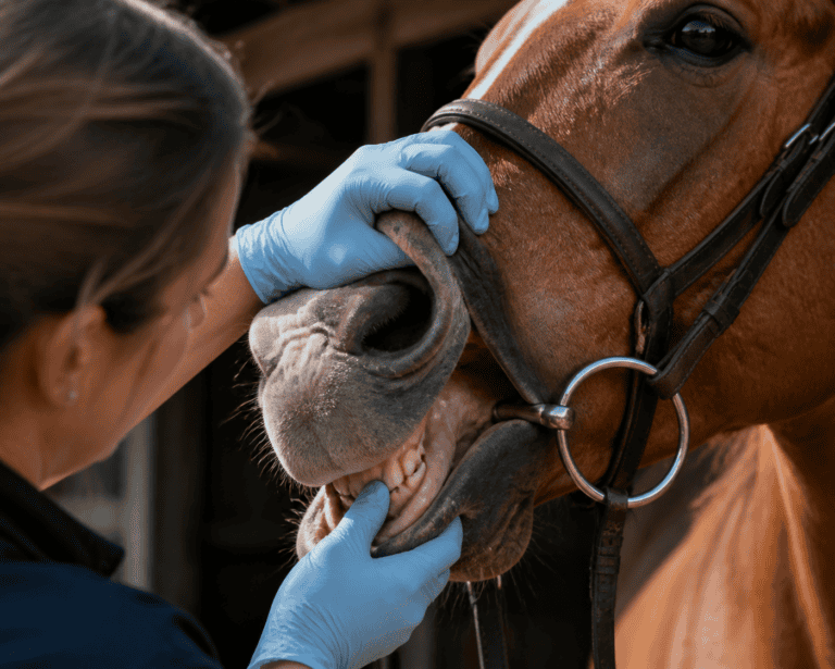 A gloved veterinarian examines a horse's mouth and teeth, holding its lips open