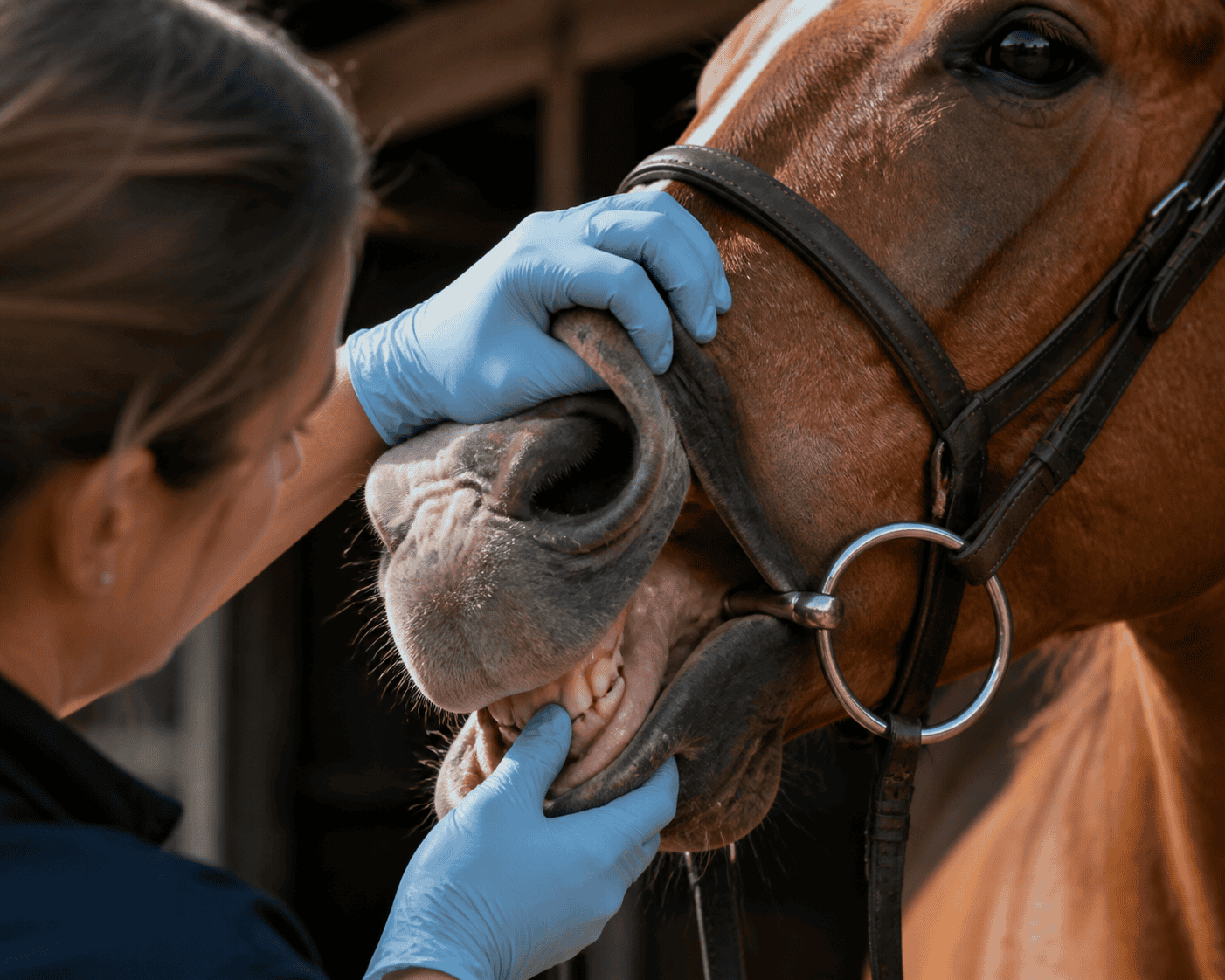 A gloved veterinarian examines a horse's mouth and teeth, holding its lips open