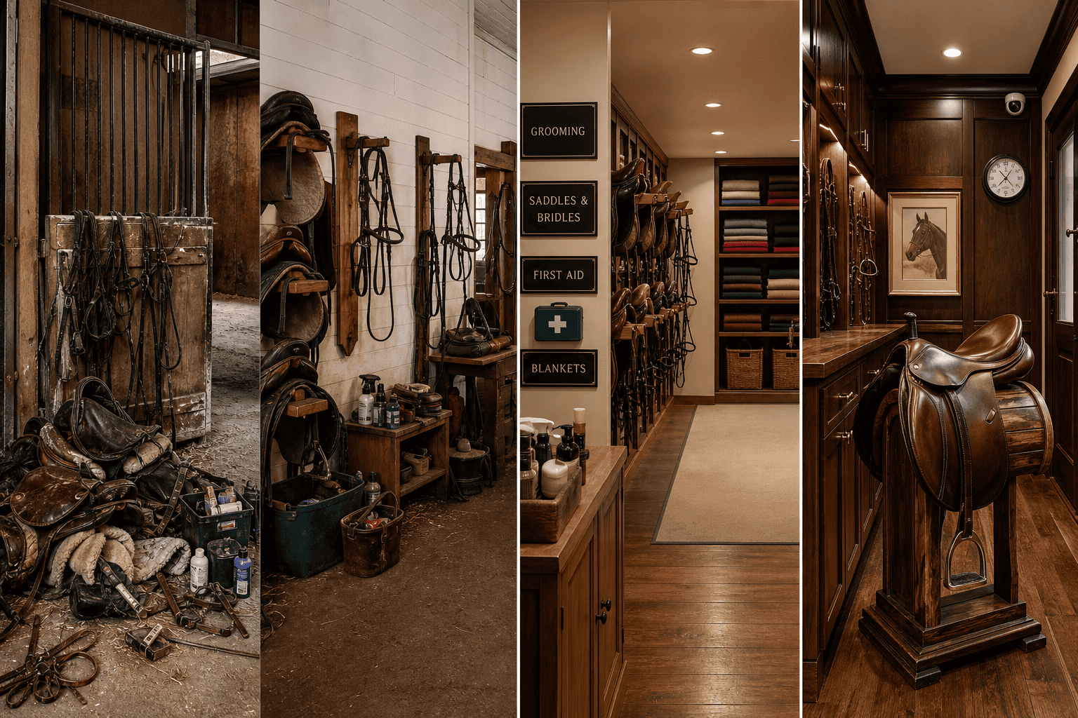 Comparison of cluttered, worn tack rooms versus an organized, upscale tack room with labeled sections for grooming, saddles, bridles, first aid, and blankets, plus a polished display saddle and horse portrait