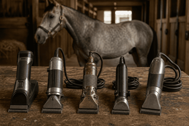 Five horse clippers of varying styles and eras lined up on a wooden table, with a dapple gray horse in a stable behind them