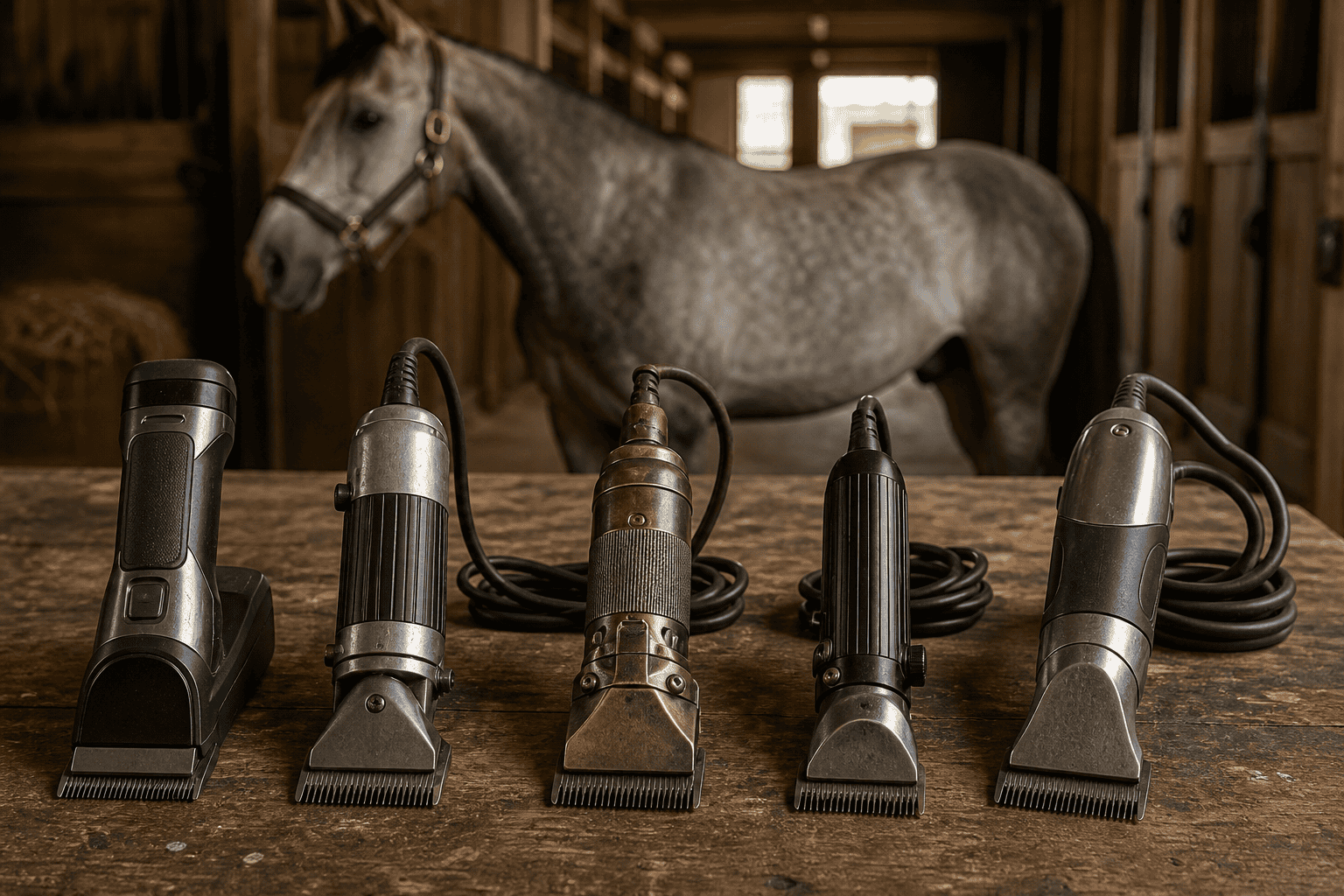 Five horse clippers of varying styles and eras lined up on a wooden table, with a dapple gray horse in a stable behind them