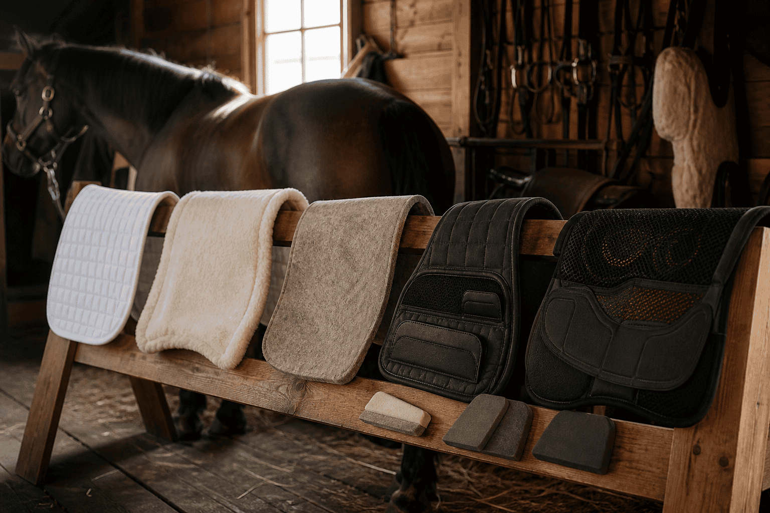 Five saddle pads in different styles and colors draped over a wooden rack, with a bay horse and tack in the background