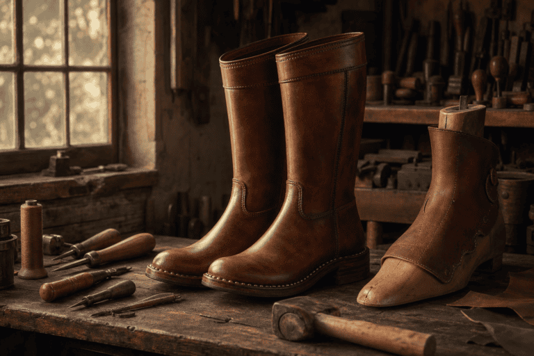 Handcrafted brown leather boots on a cobbler's workbench with awls, thread, and a shoe last