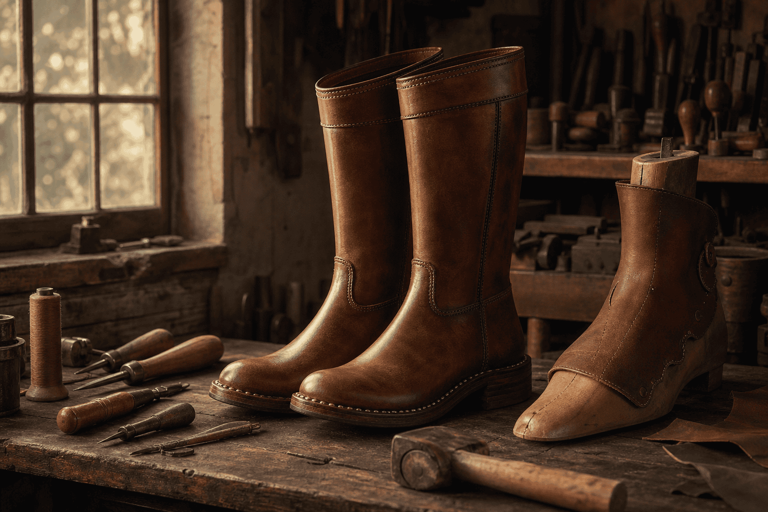 Handcrafted brown leather boots on a cobbler's workbench with awls, thread, and a shoe last