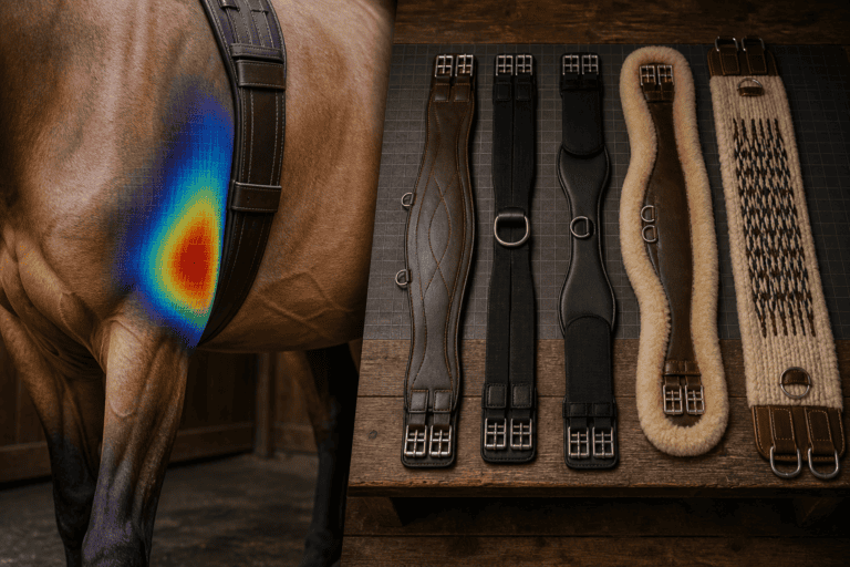 Heat map showing pressure concentration under a horse girth, next to five girth styles in leather, fleece, and woven materials