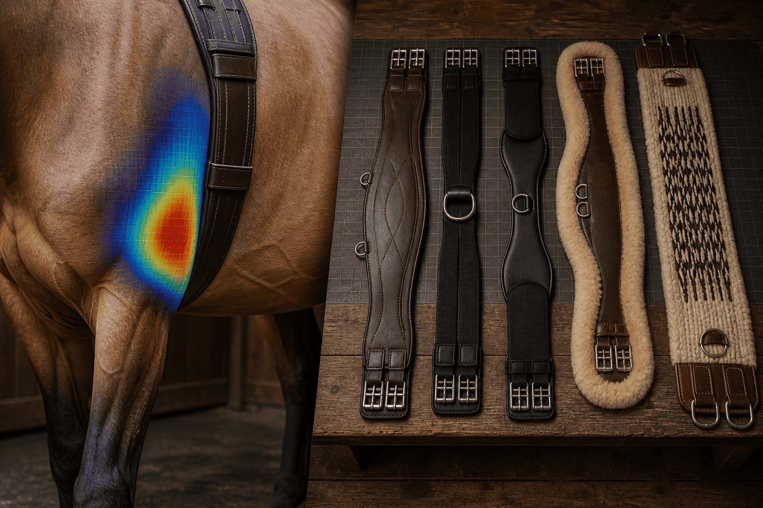 Heat map showing pressure concentration under a horse girth, next to five girth styles in leather, fleece, and woven materials