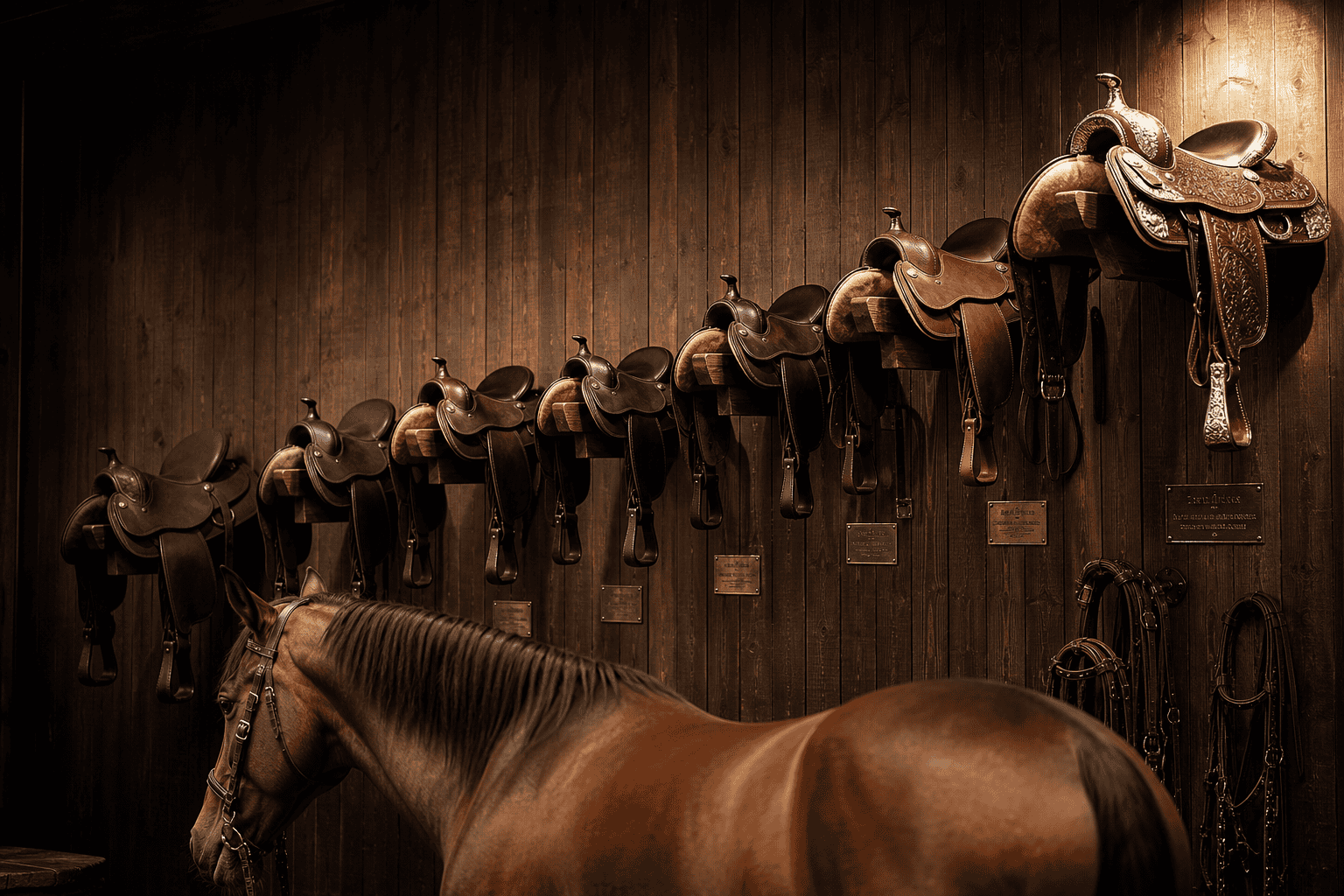 Row of leather saddles mounted on a wooden stable wall, ascending in size and ornamentation, with a bay horse standing in front and bridles hanging nearby