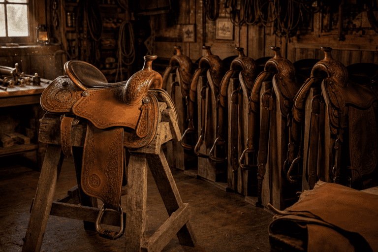 Row of tooled leather western saddles on wooden stands inside a rustic tack room
