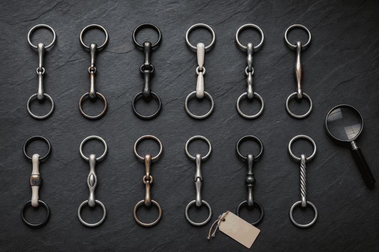 Twelve horse snaffle bit mouthpieces in varied metals and designs arranged in rows, with a magnifying glass and blank tag