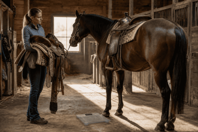 Woman holding a spare saddle stands facing a saddled horse in a barn, with a bathroom scale on the floor between them