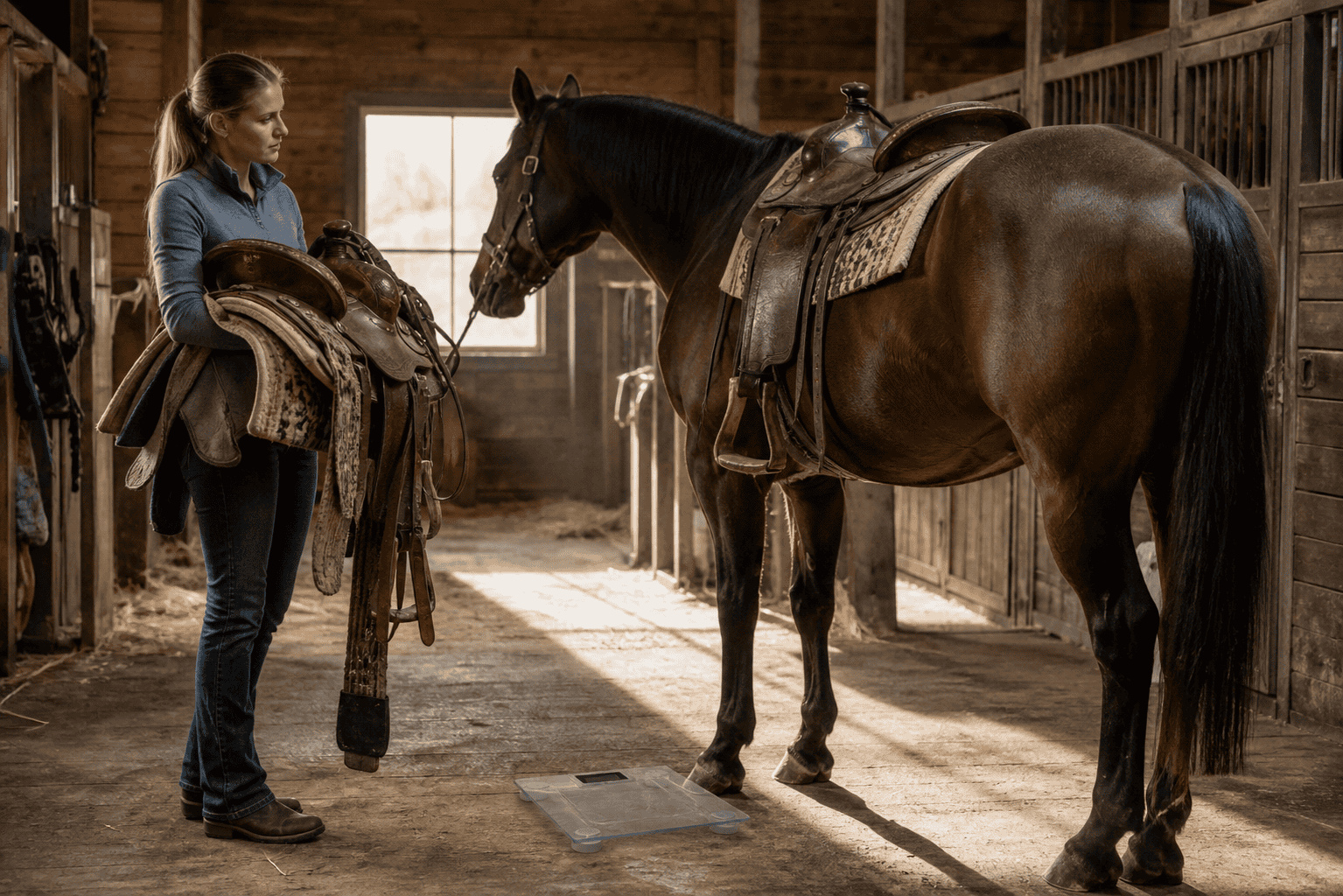Woman holding a spare saddle stands facing a saddled horse in a barn, with a bathroom scale on the floor between them