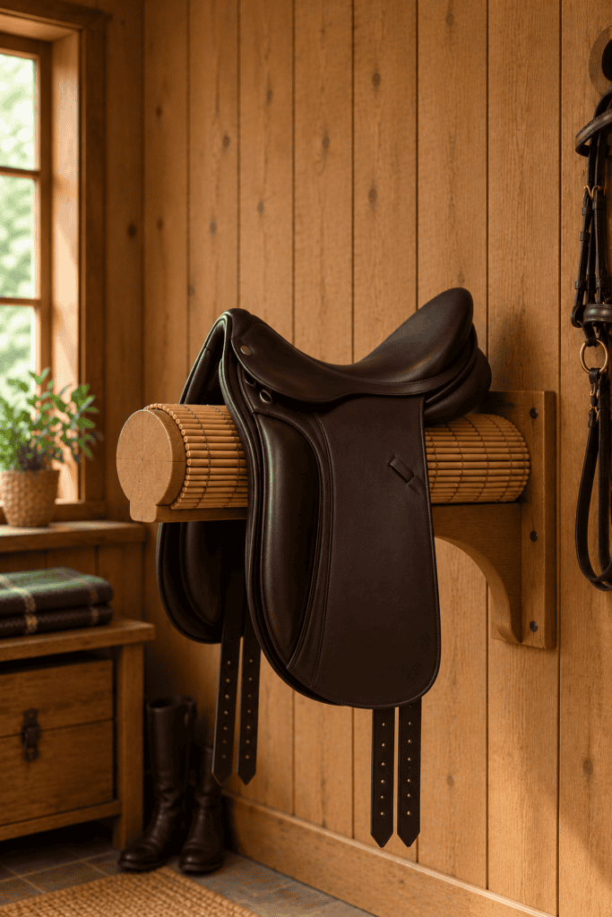 Folding saddle rack made from a padded timber log, mounted on a tack room wall with a leather saddle resting on it