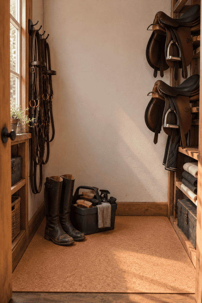 yoga mat laid on a bare wooden tack room floor, with riding boots and a grooming box on top