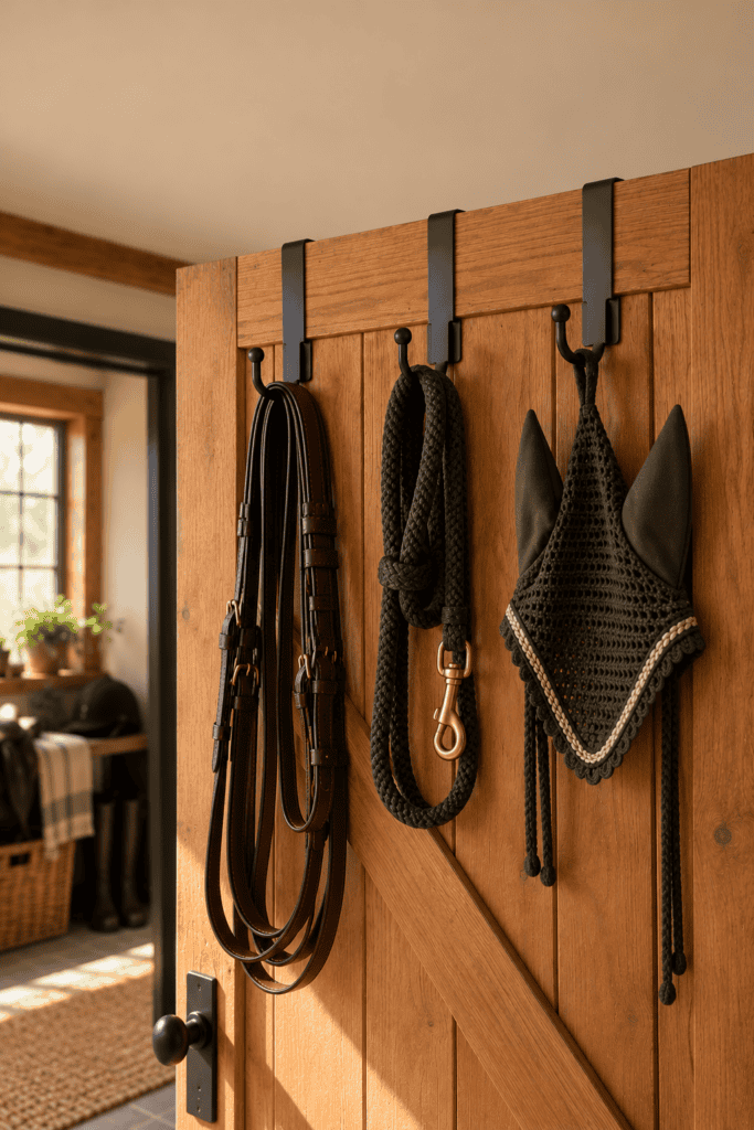 Two wall-mounted blow dryer holders beside a tack room door, each holding an upright riding whip