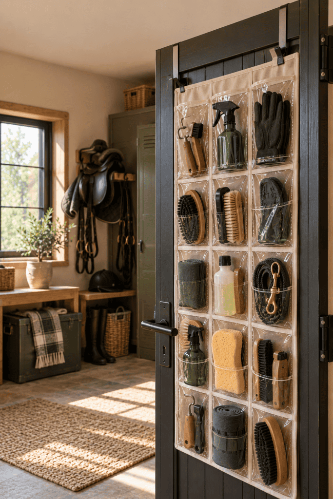 Clear hanging shoe organizer on a tack room door with a hoof pick, brush, glove and fly spray in separate pockets