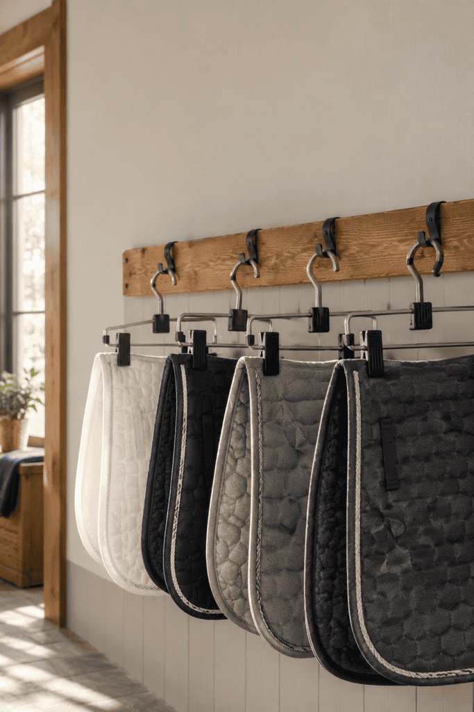 Skirt hangers with clips on a wooden rail, each holding a saddle pad by the edge