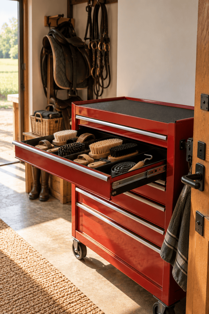 Red rolling tool box with the top drawer open, showing horse brushes and a hoof pick, standing beside a tack room door