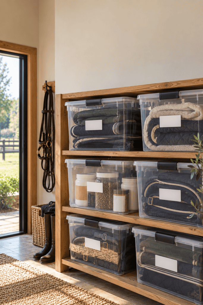 Stacked clear plastic containers with lids on a tack room shelf, holding folded horse blankets and supplements