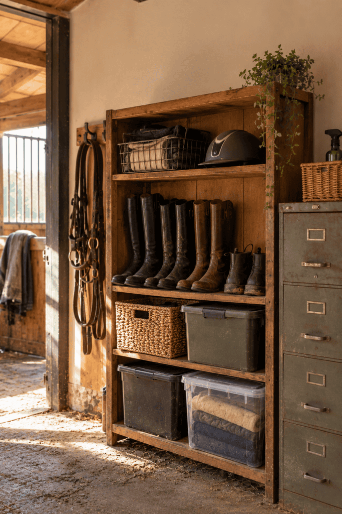 Secondhand wooden bookshelf holding riding boots, a helmet and bins, next to a metal filing cabinet in a tack room