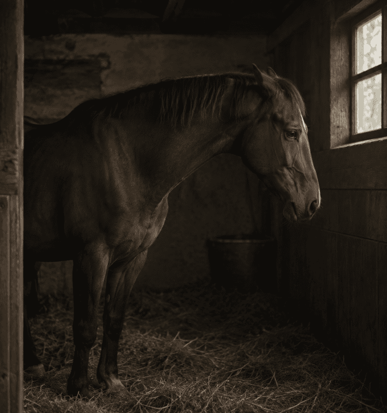 A bay horse stands in a straw-filled stable, looking toward a window with daylight streaming in