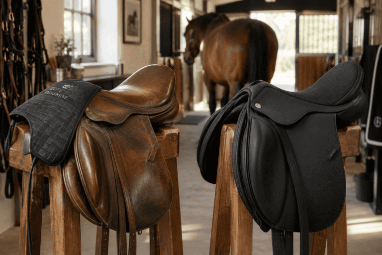 A brown leather saddle and a black saddle rest on wooden stands in a tack room, with a horse standing in a stall doorway behind them