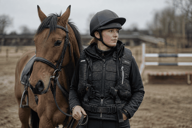 A rider wearing a helmet and protective safety vest stands beside a saddled bay horse near an outdoor riding arena